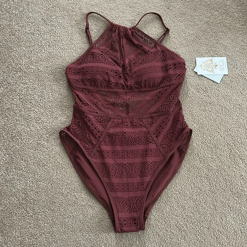 Becca Women's Color Play Crochet High Neck One Piece - Picture 3 of 5